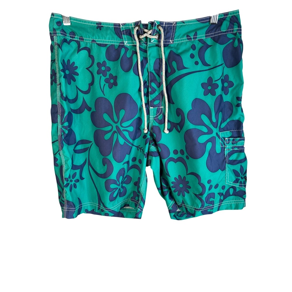 J. Crew Men's Teal Navy Blue Tropical Floral Swim Trunks Board Shorts Size 36